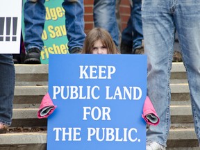 Hundreds protested the draft management plan for two Castle provincial parks at the Galt Gardens in Lethbridge on Saturday. Earlier this week over 600 people attended a residents meeting in Bellevue to voice their concerns. The provincial government, however, says they are standing firm on their decision. | Caitlin Clow photos/Pincher Creek Echo