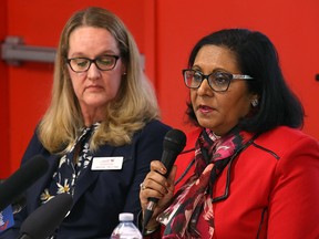 Rita Chahal (right), Welcome Place's executive director, speaks as The Winnipeg Foundation's Jennifer Partridge listens in, during a press conference at Welcome Place, the centre which houses newcomers to Winnipeg, on Mon., Feb. 13, 2017. Kevin King/Winnipeg Sun/Postmedia Network