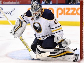 Buffalo Sabres goalie Robin Lehner makes a save against the Toronto Maple Leafs during an NHL game on Feb. 11, 2017. (THE CANADIAN PRESS/Frank Gunn)