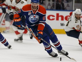 Edmonton's Benoit Pouliot (67) carries the puck during the first period of a NHL game between the Edmonton Oilers and the Florida Panthers at Rogers Place in Edmonton, Alberta on Wednesday, January 18, 2017.