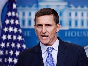 In this Feb. 1, 2017, file photo, National Security Adviser Michael Flynn speaks during the daily news briefing at the White House, in Washington. President Donald Trump has yet to comment on the allegations that Flynn engaged in conversations with a Russian diplomat about U.S. sanctions before Trump’s inauguration. A top aide dispatched to represent the administration on the Sunday, Feb. 12, news shows skirted questions, saying it was not his place to weigh in on the “sensitive matter.” (AP Photo/Carolyn Kaster, File)