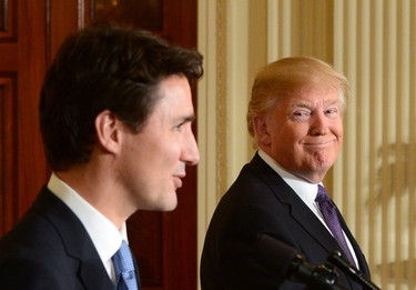 Prime Minister Justin Trudeau and U.S. President Donald Trump take part in a joint press conference at the White House in Washington, D.C. on Monday, Feb. 13, 2017. THE CANADIAN PRESS/Sean Kilpatrick ORG XMIT: SKP139
