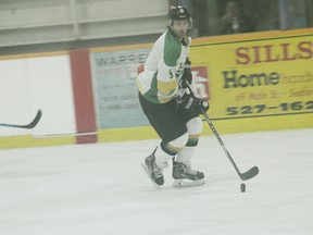 Huron East Centenaires’ forward, Josh Gaynor skates up the ice Feb. 12 in the semi-finals of the WOAA Senior playoffs. The Cents played Elora Rocks winning 6-5, this victory gives them a 1-0 lead in the series.(Shaun Gregory/Huron Expositor)