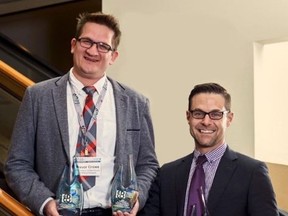SUBMITTED PHOTO
The County's economic development department was recognized for a trio of projects by the Economic Developers Council of Ontario in Toronto last week. Pictured with the awards are Trevor Crowe (left) and Neil Carbone of the County's economic development department.