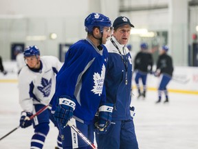 Toronto Maple Leafs Nazem Kadri and head coach Mike Babcock during practice at the MasterCard Centre October 13, 2016. (Ernest Doroszuk/Toronto Sun)