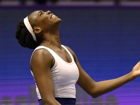 Venus Williams reacts during a match against Kristina Mladenovic at the Sibur Arena in Saint Petersburg on February 2, 2017. (OLGA MALTSEVA/Getty Images)