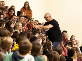 Mitch Dorge, previous drummer of the Crash Test Dummies and spokes person for The Co-operators, engages with the students of J.R. Robson School, during his In Your Face and Interactive presentation on Tuesday, February 7, 2017, in Vermilion, Alta. Dorge's presentation focuses on having a conversation about drugs and alcohol. Taylor Hermiston/Vermilion Standard/Postmedia Network.