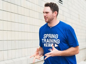 Toronto Blue Jays pitcher Joe Biagini walks back to the clubhouse after doing some medical tests during spring training in Dunedin, Fla., on Feb. 14, 2017. (THE CANADIAN PRESS/Nathan Denette)
