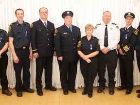 Eight of the 11 honoured with 12-year service pins gathered together at the 2017 Firefighter Appreciation Ball at the Kitscoty Hall  on Friday, February 10, 2017, in Kitscoty, Alta. Taylor Hermiston/Vermilion Standard/Postmedia Network.