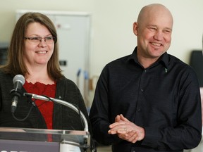 Transplant donor Michelle Reynes (left) speaks alongside her husband, and recipient of her kidney, Darren Reynes during a news conference on organ donation at the Mazankowski Alberta Heart Institute in Edmonton on Tuesday, February 14, 2017. Ian Kucerak / Postmedia