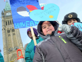 Mikanakons Beaudoin, 9, from Kitigan Zibi, was amongst hundreds of parents and children - many from the First Nations Child and Family Caring Society of Canada - who took to Parliament Hill Tuesday (Feb 14, 2017) for Have a Heart Day 2017.( JULIE OLIVER / POSTMEDIA)