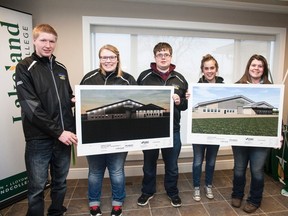 Lakeland College's Dairy SMF team (l-r) Jeremy Kramer, Sydney Fox, Jan Werner Slomp, Marigje Bikker, and Quinn Rogstad at the open house for the new Dairy Learning Centre on Monday, February 6, 2017, in Kitscoty, Alta. Taylor Hermiston/Vermilion Standard/Postmedia Network.