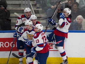 Edmonton Oil Kings celebrate ag goal scored by Nicholas Bowman (13) against the Regina Pats during first period WHL action on Friday February 10, 2017 in Edmonton.