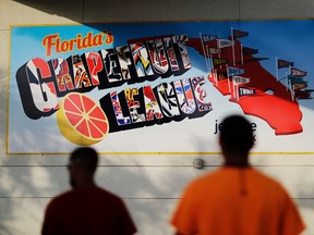 A sign showing the teams of spring training baseball’s Grapefruit League hangs at JetBlue Park at Fenway South, the spring training ballpark of the Boston Red Sox in Fort Myers, Fla., Monday, Feb. 13, 2017. (AP Photo/David Goldman)