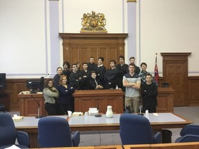Grade 11 St. Charles College students studying in the Introduction to Canadian Law class visited the courts recently. Supplied photo