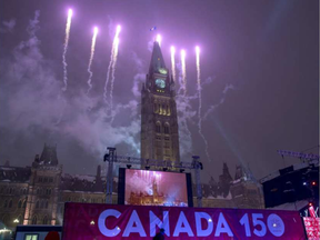 Fireworks outside Parliament Hill for Canada's 150th birthday.