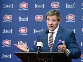 Montreal Canadiens general manager Marc Bergevin pauses as he comments on the team’s coaching change during a news conference, in Brossard, Que., on Wednesday, February 15, 2017. (THE CANADIAN PRESS/Paul Chiasson)