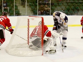 Ryan Smyth tries to find a puck in between his skates during Game 1 of the Chinook Hockey League playoffs on Feb. 11. The Stony Plain Eagles soared out of the gate in their first round playoff matchup, taking a 6-1 lead after two periods and cruised to a 6-3 victory. Innisfail evened up the series, however, the following night. Game 3 goes at the Glenn Hall Arena. - Photo by Mitch Goldenberg