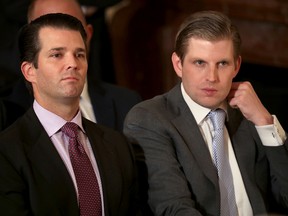 Donald Trump Jr. (L) and Eric Trump, sons of U.S. President Donald Trump, attend the ceremony to nominate Judge Neil Gorsuch to the Supreme Court in the East Room of the White House January 31, 2017 in Washington, DC. (Chip Somodevilla/Getty Images)