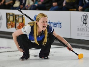 Team Carey skip Chelsea Carey yells commands to her teammates during the first semifinal match of the 2017 Pinty's All-Star Curling Skins Game in Banff, Alta. on Feb. 3, 2017. (Daniel Katz/Postmedia)