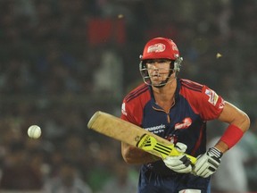 In this photograph taken on May 1, 2012, Delhi Daredevils batsman Kevin Pietersen plays a shot during the IPL Twenty20 cricket match between Rajashtan Royals and Delhi Daredevils at the Sawai Mansingh stadium in Jaipur. (AFP PHOTO)