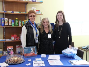 From left to right, Lorraine Walne, volunteer; Karla Brzozowski, co-ordinator for clients services; and Tiffany Hodges, pharmacist at the Delaware Pharmacy, during Delaware’s first blood pressure clinic grand opening.