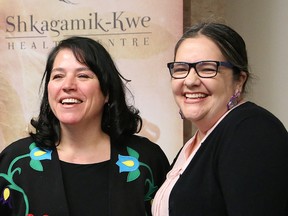 Angela Recollet, left, executive director of the Shkagamik-Kwe Health Centre, and Naomi Wolfe, a registered Aboriginal midwife, were on hand for a funding announcement for two Aboriginal midwives for the centre in Sudbury, Ont. on Thursday February 16, 2017. John Lappa/Sudbury Star/Postmedia Network