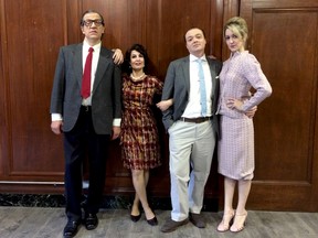 Actors John Garlicky (left), Catherine Sullivan, Andre Cormier, and Mara Fraccaro during a rehearsal of the upcoming Pacheco Theatre production of Who's Afraid of Virginia Woolf? (Photo courtesy Marina Agostino)