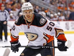 In this Jan. 14, 2017, photo, Anaheim Ducks center Antoine Vermette pauses on the ice during an NHL game against the Arizona Coyotes in Glendale, Ariz. (AP Photo/Ross D. Franklin)