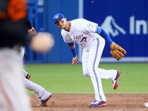 Troy Tulowitzki of the Toronto Blue Jays throws the ball to first base for an out against the Baltimore Orioles at the Rogers Centre in Toronto on July 29, 2016. (Dave Abel/Toronto Sun/Postmedia Network)