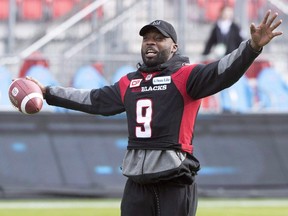Ottawa Redblacks wide receiver Ernest Jackson celebrates after catching a pass during a practice in Toronto on Nov. 26, 2016. (THE CANADIAN PRESS/Ryan Remiorz)