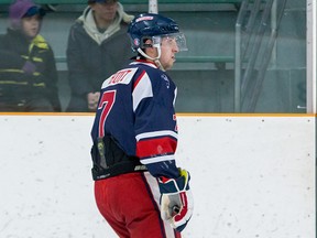 Defenceman Matthew Hunt of the Port Hope Panthers, who scored two goals in the regular season, scored twice in the first period to help the Panthers on their way to a 4-3 win over the Picton Pirates in the first game of their Provincial Junior Hockey League Tod Division semifinal Thursday night in Picton.