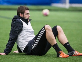 Kyle Venter takes a break during practice on Thursday. Errol McGihon/Postmedia