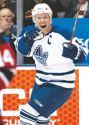Leafs captain Mats Sundin celebrates scoring a goal against the New Jersey Devils
