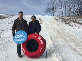 Steelway co-president Bryan White, left, and St. Thomas Elgin General Hospital Foundation executive director Paul Jenkins show off 2017 World Tubing Championship run at the McCaig Family International Tubing Park Friday morning. About 50 teams will be competing for top honours at the second annual STEGH Foundation fundraiser Feb. 18 and 19. (Jennifer Bieman/Times-Journal)