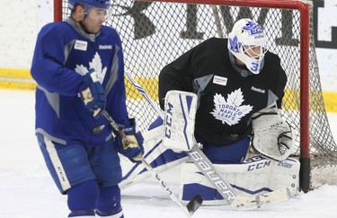 Toronto Maple Leafs goalie Curtis McElhinney at  practice in preparation for another Battle of Ontario at the ACC Saturday night in Toronto on Friday February 17, 2017. Jack Boland/Toronto Sun/Postmedia Network