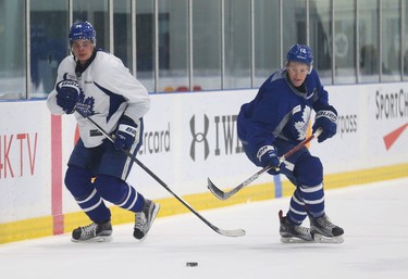 Toronto Maple Leafs  Auston Matthews and Connor Brown wheel around with puck control at practice in preparation for another Battle of Ontario at the ACC Saturday night in Toronto on Friday February 17, 2017. Jack Boland/Toronto Sun/Postmedia Network