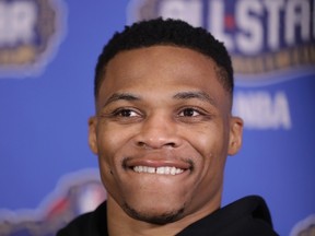 Russell Westbrook meets with the media at the NBA all-star game in New Orleans yesterday. (Getty Images)