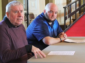 Michael Hurley, president of the Ontario Council of Hospital Unions of CUPE, (left) and Mike Rodrigues, president of local CUPE 1974 at Kingston General Hospital, urge the province to address a bed shortage at hospitals during a meeting with local media at City Hall in Kingston on Friday. (Steph Crosier/The Whig-Standard)