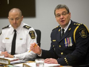 London police chief John Pare talks at a police services meeting about the memorandum they have worked with a community group regarding with police carding in London, Ont. Photograph taken on Thursday February 16, 2017. (MIKE HENSEN, The London Free Press)