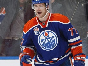 Oscar Klefbom (77) celebrates a goal during second period NHL action in Edmonton, Alta., on Thursday February 16, 2017.