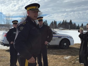 RCMP Commanding Officer Scott Kolody addresses media near a part of Emerson where refugees have been crossing into Canada. (David Larkins/Winnipeg Sun)