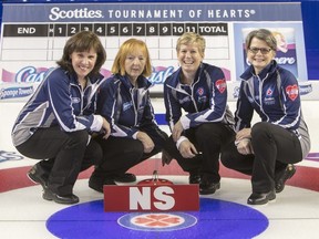 Nova Scotia’s team (from left) Mary Mattatall, third Marg Cutcliffe, second Jill Alcoe-Holland and lead Andrea Saulnier today at the Meridian Centre in St. Catharines, Ont. (Andrew Klaver/Curling Canada)