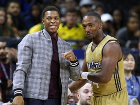 Raptors all-star Kyle Lowry talks to Anthony Mackie during the NBA all-star celebrity game in New Orleans last night. Lowry was an assistant coach in the game. (Getty Images)