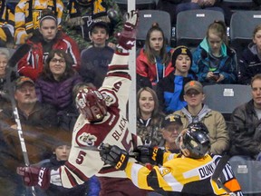 Peterborough Petes'  Alex Black jumps for an airborne puck with Kingston Frontenacs' Nathan Dunkley waiting for him to land in the Fronts end during the first period of Ontario Hockey League action at the Rogers K-Rock Centre in Kingston on Friday night. (Julia McKay/ The Whig-Standard)