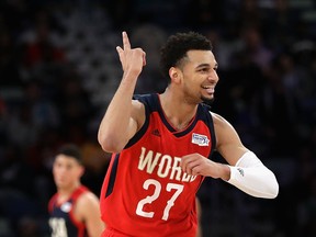 Jamal Murray of the Denver Nuggets reacts during the 2017 BBVA Compass Rising Stars Challenge at Smoothie King Center on February 17, 2017 in New Orleans. (Ronald Martinez/Getty Images)