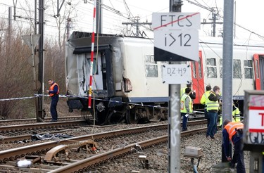 A picture taken on Feb. 18, 2017 shows a train after it derailed in Kessel-Lo, Leuven, Belgium. (NICOLAS MAETERLINCK/AFP/Getty Images)