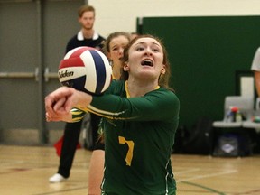 Natasha Gervais, of Confederation Secondary School, bumps the ball to a teammate during senior girls high school volleyball championship action against Lockerby Vikings at College Boreal in Sudbury, Ont. on Friday February 17, 2017. John Lappa/Sudbury Star/Postmedia Network