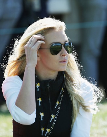 Paulina Gretzky watches the play of the United States Team on the ninth hole during the Friday four-ball matches at The Presidents Cup at Jack Nicklaus Golf Club Korea on Oct. 9, 2015 in Songdo IBD, Incheon City, South Korea  (Scott Halleran/Getty Images)