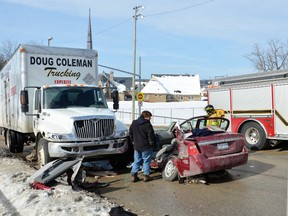 Emergency crews responded to a three-vehicle collision Feb. 17, 2017 on the 10th Street East hill in Owen Sound. A jury was deliberating Thursday night over whether Tyler Downs, 19, of Hepworth, is guilty of criminal negligence and dangerous driving causing bodily harm, each by street racing. (Denis Langlois/The  Sun Times)